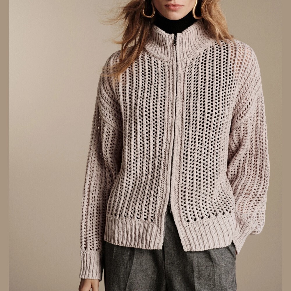 Gray Open Knit Zip Front High Neck Oversized Sweater Jacket